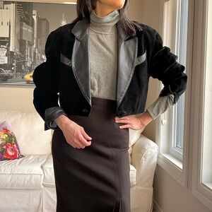 Danier black leather and suede cropped peaked lapel jacket